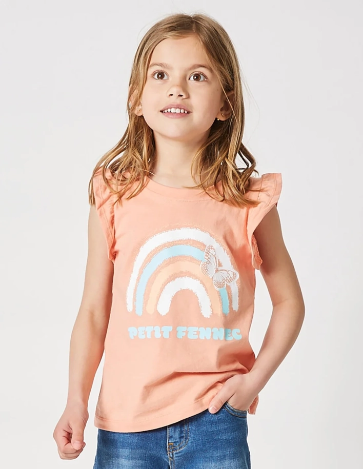 Débardeur Fille Manches Papillon Corail 100% Coton