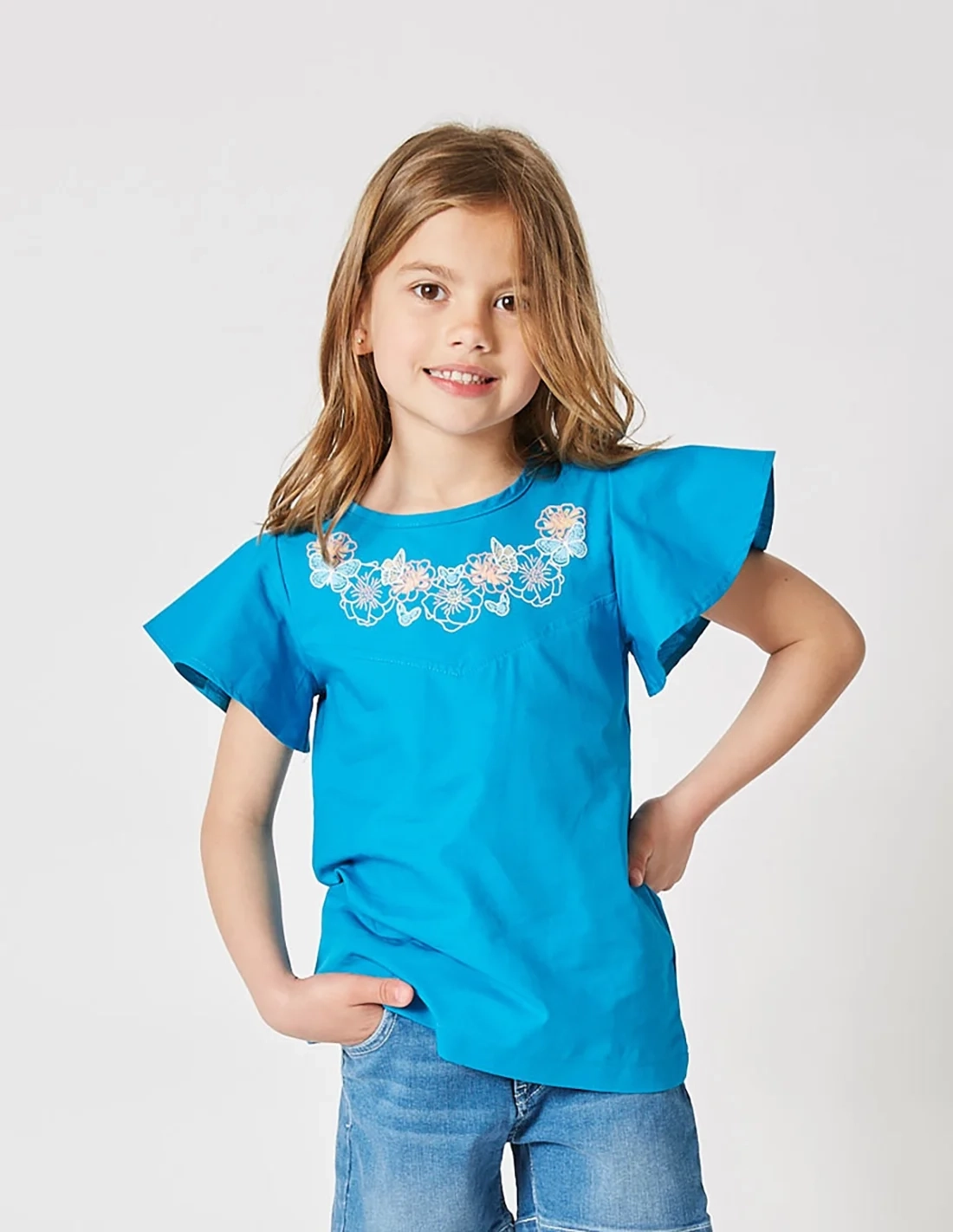 Blouse Fille, Papillon Envolé, Bleu Océan