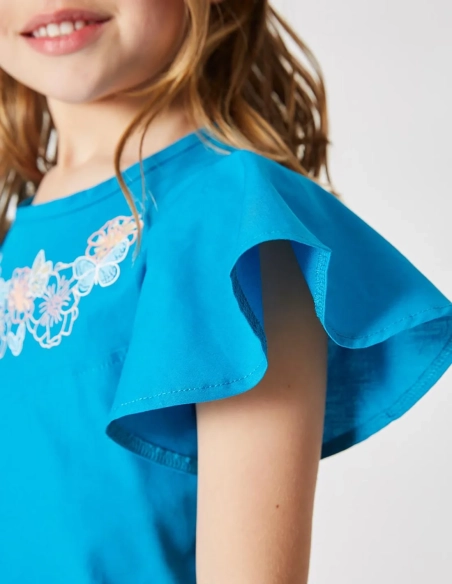 Blouse Fille, Papillon Envolé, Bleu Océan