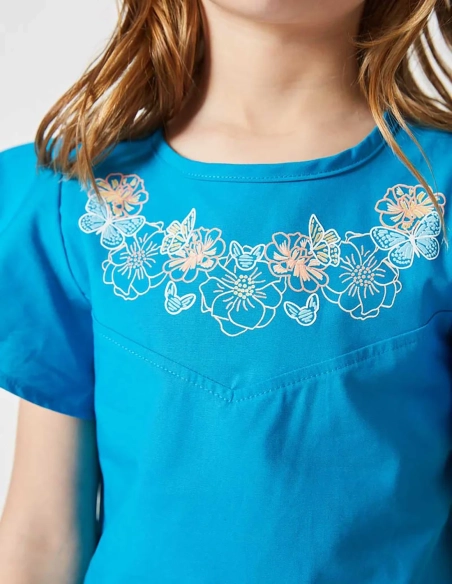 Blouse Fille, Papillon Envolé, Bleu Océan