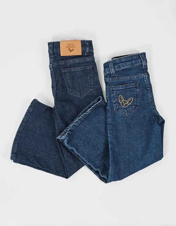 Pantalon Jean Fille Large Marine Foncé avec Broderie
