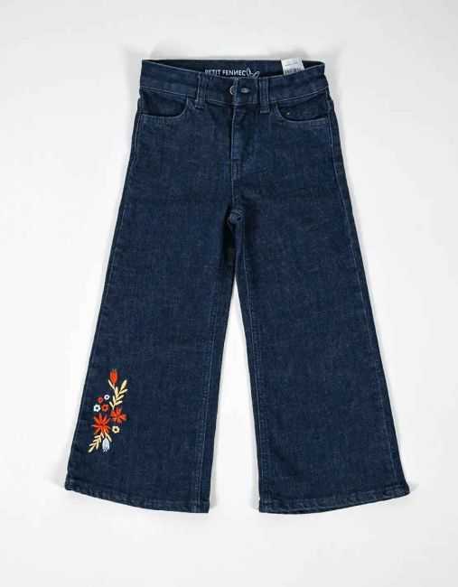 Pantalon Jean Fille Large Marine Foncé avec Broderie