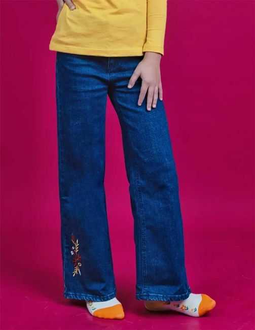 Pantalon en Jean Large Fille Bleu Foncé avec Broderie