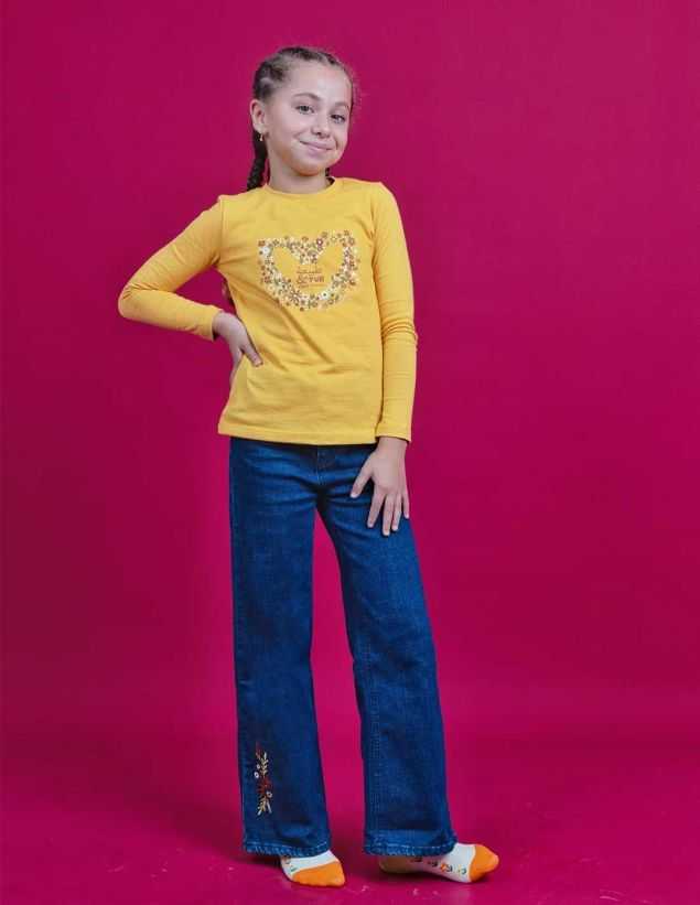 Pantalon en Jean Large Fille Bleu Foncé avec Broderie