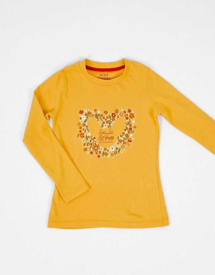 T-Shirt Fille "Coeur Fleuri" Jaune Moutarde 100% Coton