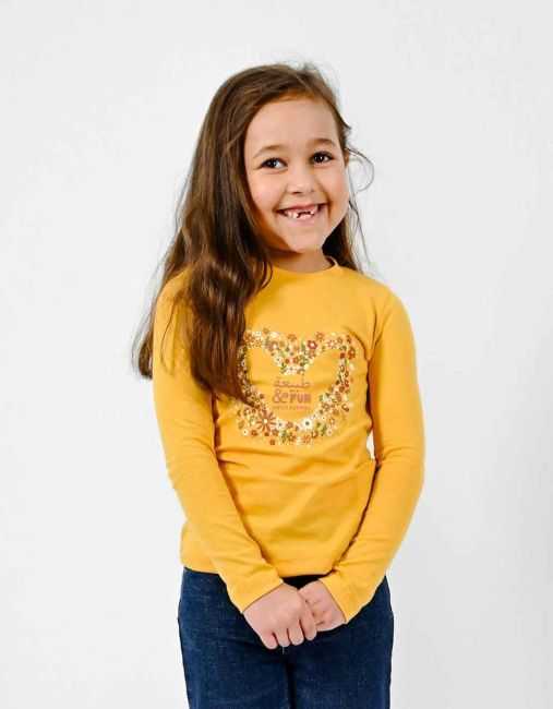 T-Shirt Fille "Coeur Fleuri" Jaune Moutarde 100% Coton