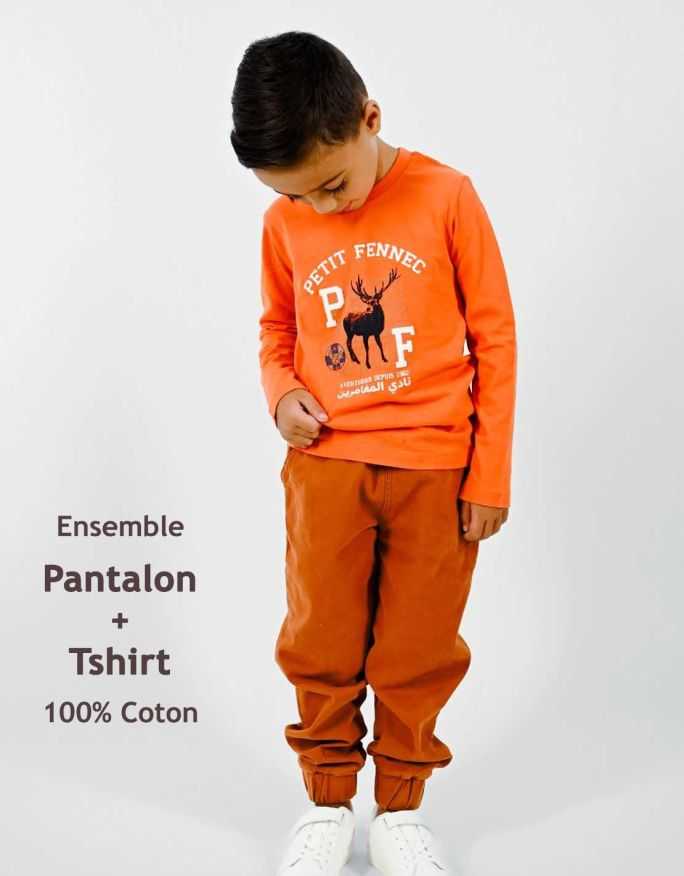 Ensemble Pantalon Cargo Marron + T-shirt Orange