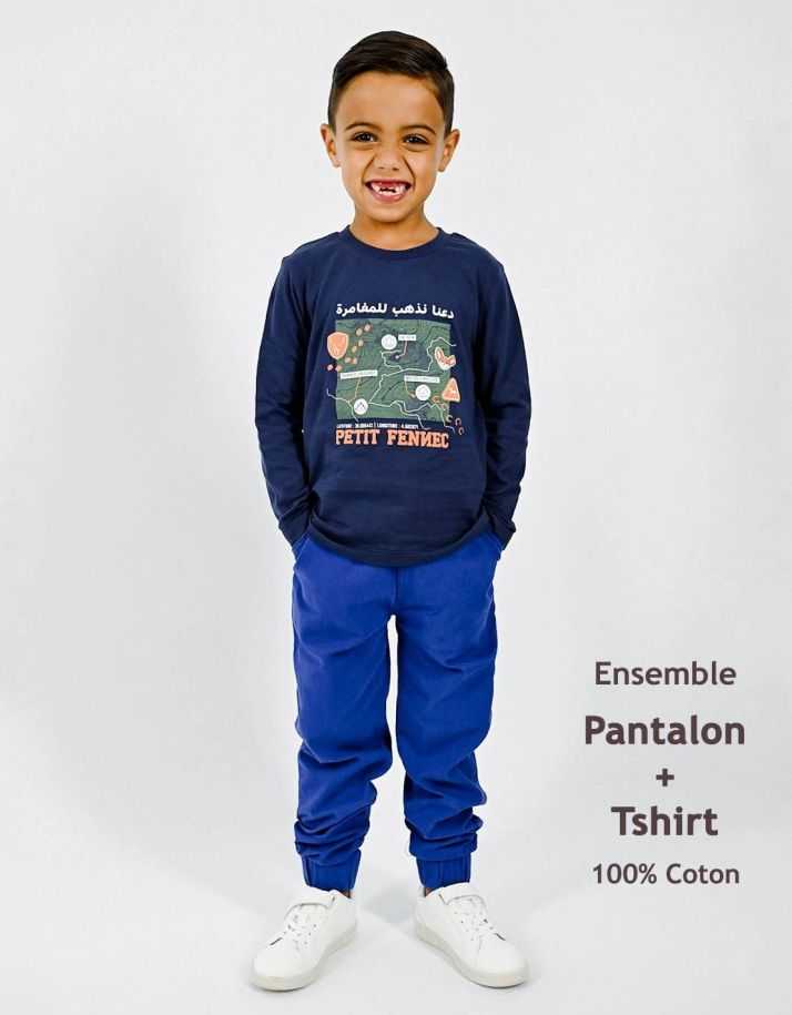 Ensemble Garçon Pantalon Cargo bleu + T-shirt Marine