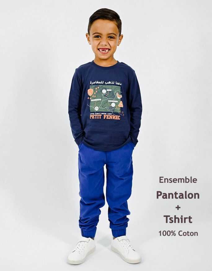 Ensemble Garçon Pantalon Cargo bleu + T-shirt Marine