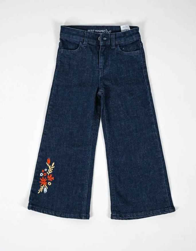 Ensemble Fille Pantalon Jean large Marine + T-shirt blanc