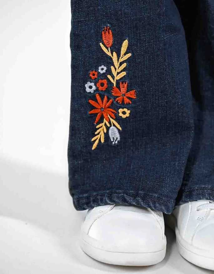 Ensemble Fille Pantalon Jean Large Marine + T-shirt Rouge