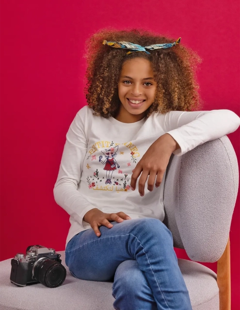 Ensemble Fille Robe en Jean Marine Foncé + T-Shirt Blanc