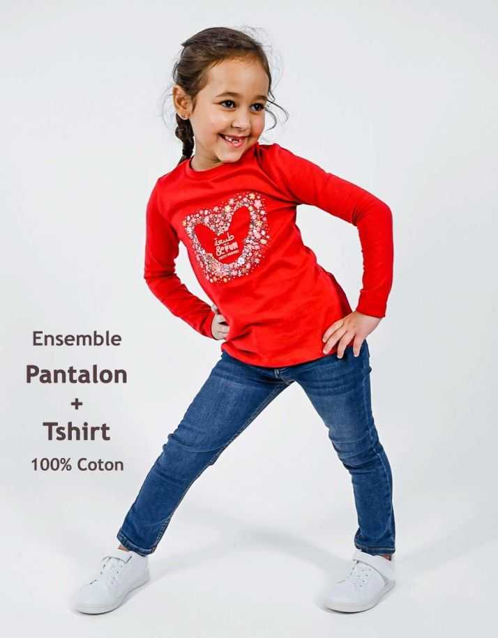 Ensemble Fille Pantalon Jean + T-shirt Rouge