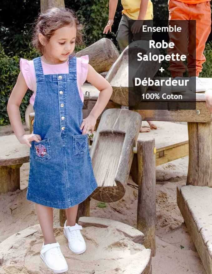 Ensemble Fille Robe Salopette en jean + Débardeur Rose