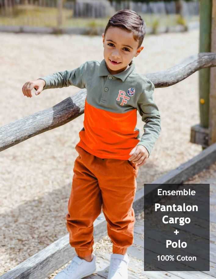Ensemble Garçon Pantalon Cargo marron + Polo 100% Coton