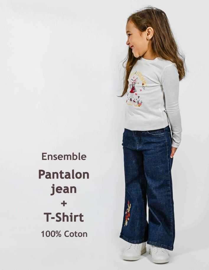 Ensemble Fille Pantalon Jean large Marine + T-shirt blanc
