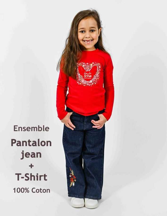 Ensemble Fille Pantalon Jean Large Marine + T-shirt Rouge