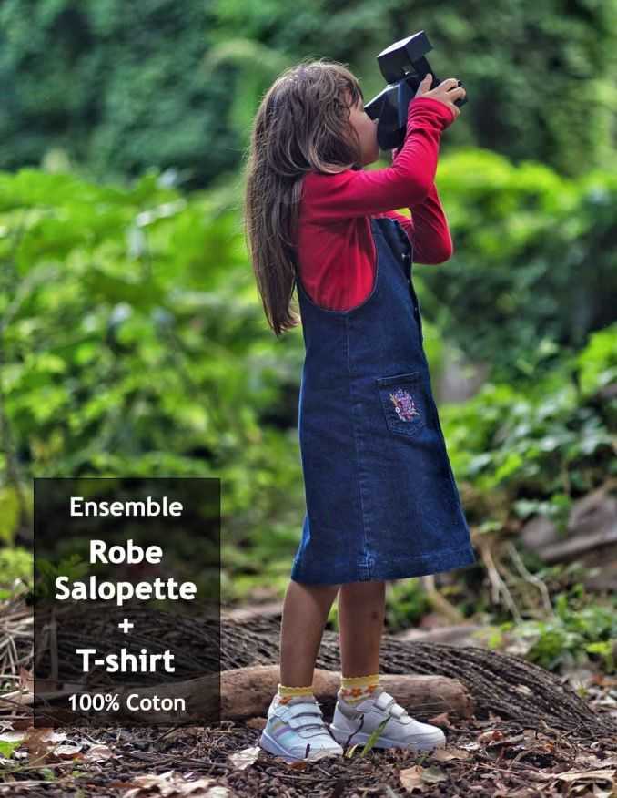 Ensemble Fille Robe en Jean Bleu Foncé + T-shirt Rouge