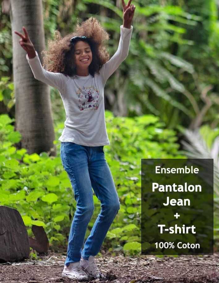 Ensemble Fille Pantalon en Jean Bleu Clair + T-Shirt Blanc