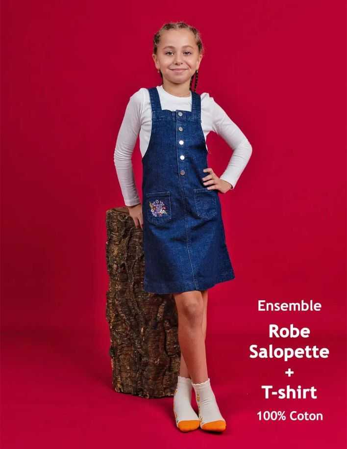 Ensemble Fille Robe en Jean Marine Foncé + T-Shirt Blanc