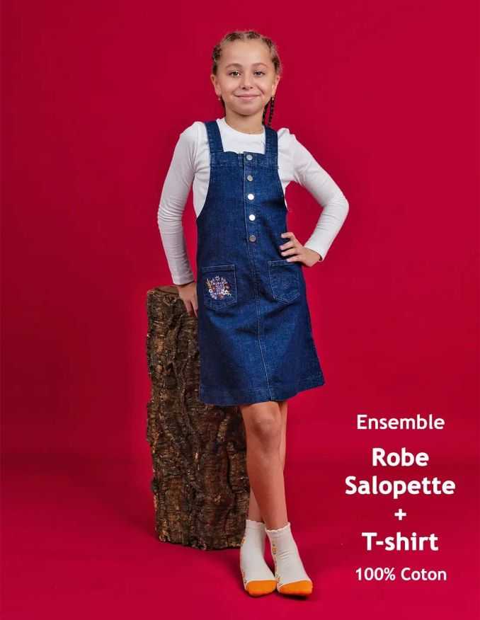 Ensemble Fille Robe en Jean Marine Foncé + T-Shirt Blanc