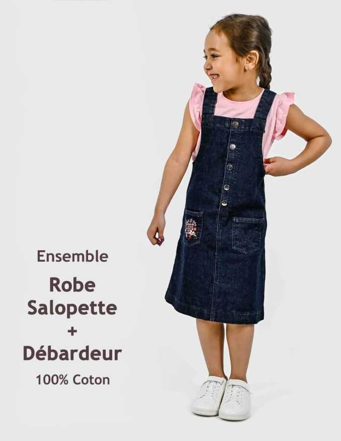 Ensemble Fille Robe Salopette en jean Marine + Débardeur Rose