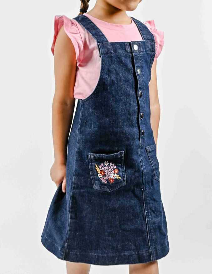 Ensemble Fille Robe Salopette en jean Marine + Débardeur Rose