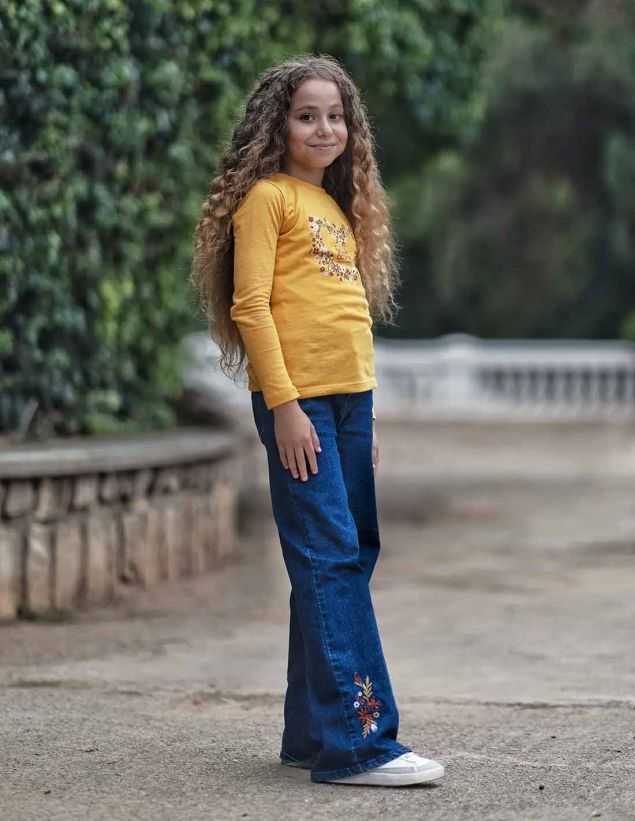 Ensemble Fille Pantalon Jean large Bleu Foncé + T-shirt Jaune