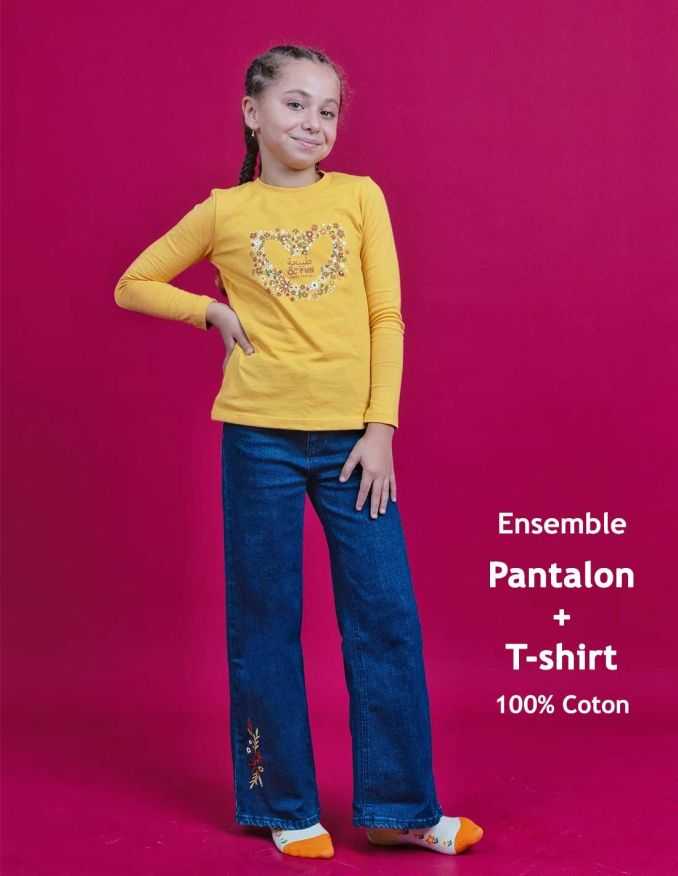 Ensemble Fille Pantalon Jean large Bleu Foncé + T-shirt Jaune