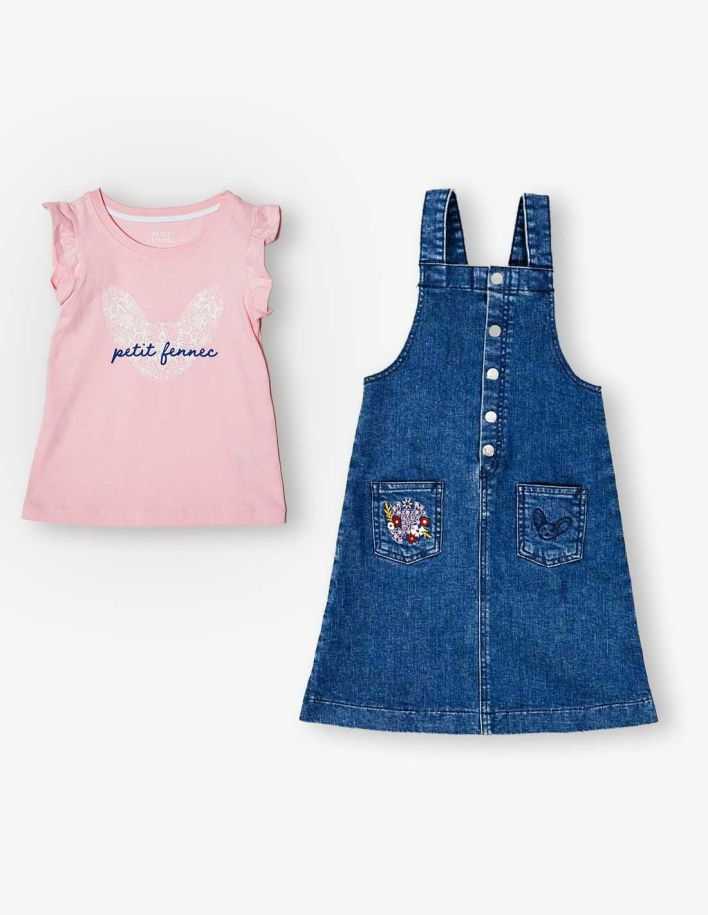 Ensemble Fille Robe Salopette en jean + Débardeur Rose 2