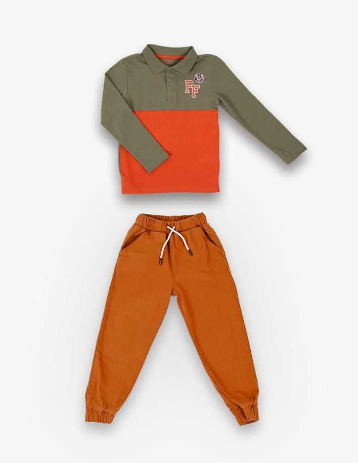 Ensemble Garçon Pantalon Cargo marron + Polo 100% Coton 2