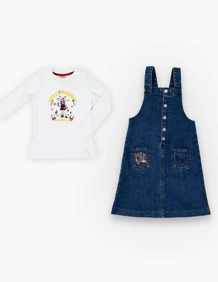 Ensemble Fille Robe en Jean Marine Foncé + T-Shirt Blanc 2