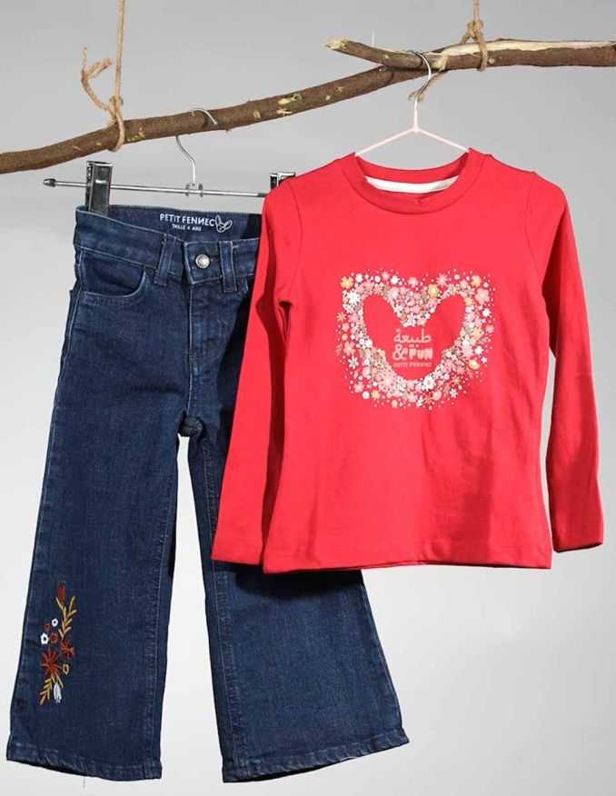 Ensemble Fille Pantalon Jean Large Marine + T-shirt Rouge