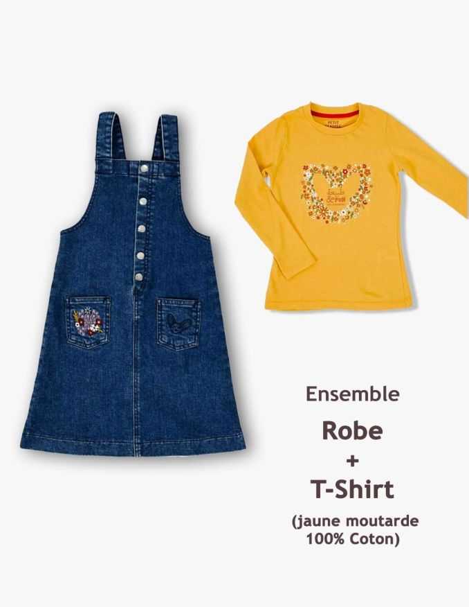 Ensemble Fille Robe en Jean Marine Foncé + T-Shirt Jaune Moutarde
