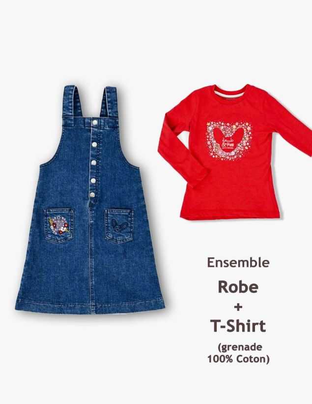 Ensemble Fille Robe en Jean Bleu Foncé + T-shirt Rouge