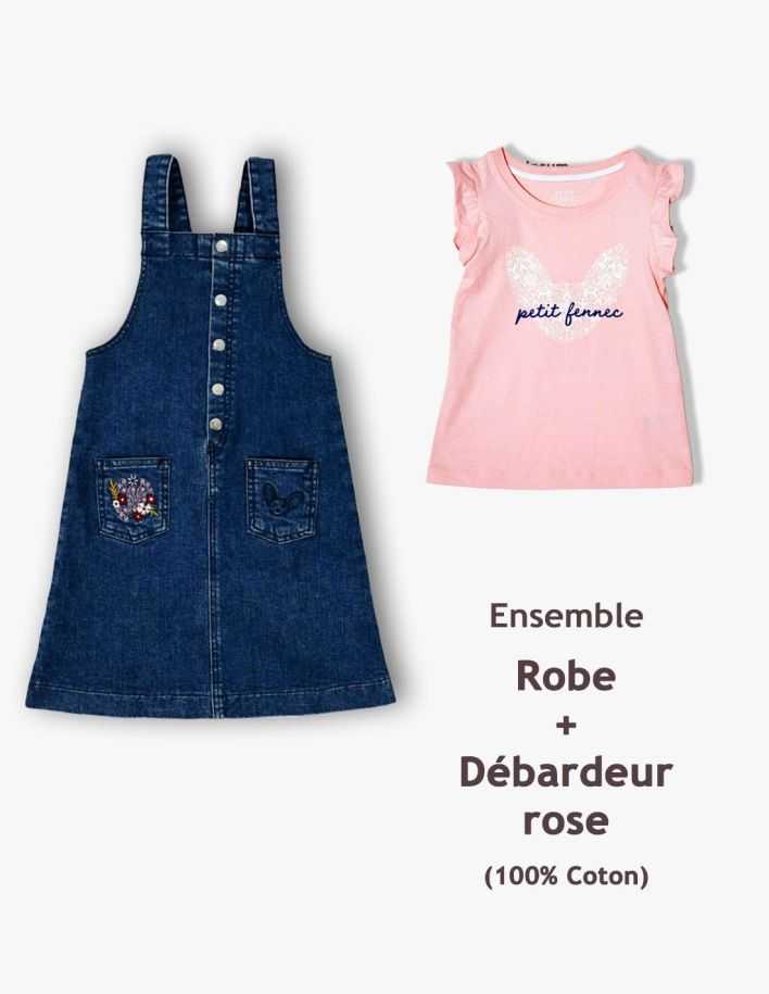 Ensemble Fille Robe Salopette en jean Marine + Débardeur Rose 2